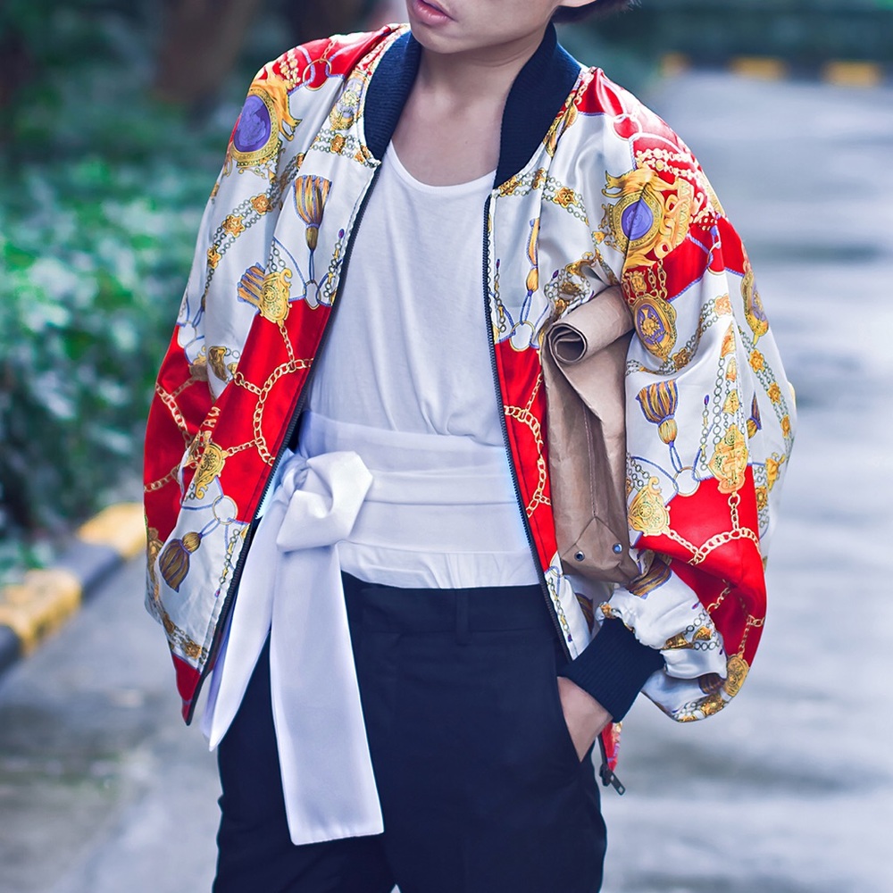 WDNY Scarf Print Satin Bomber Jacket S - Picture 4 of 8